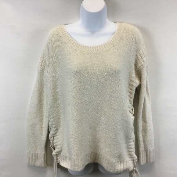 Lucky Brand Cream Soft Silver Metallic Thread Lace Up Sweater. - Picture 3 of 9